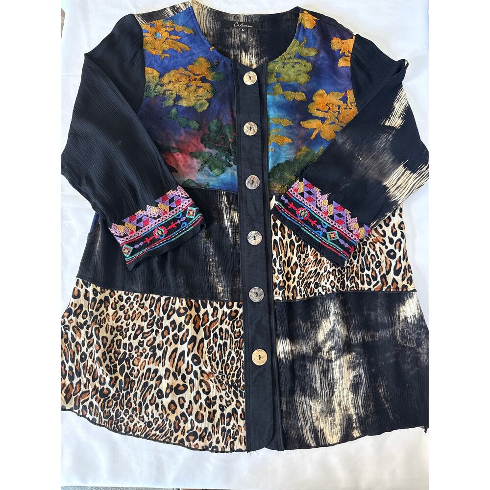 Boho Patchwork Burnout Velvet Tunic Blouse Watercolor Leopard Mixed Print M - Picture 7 of 8
